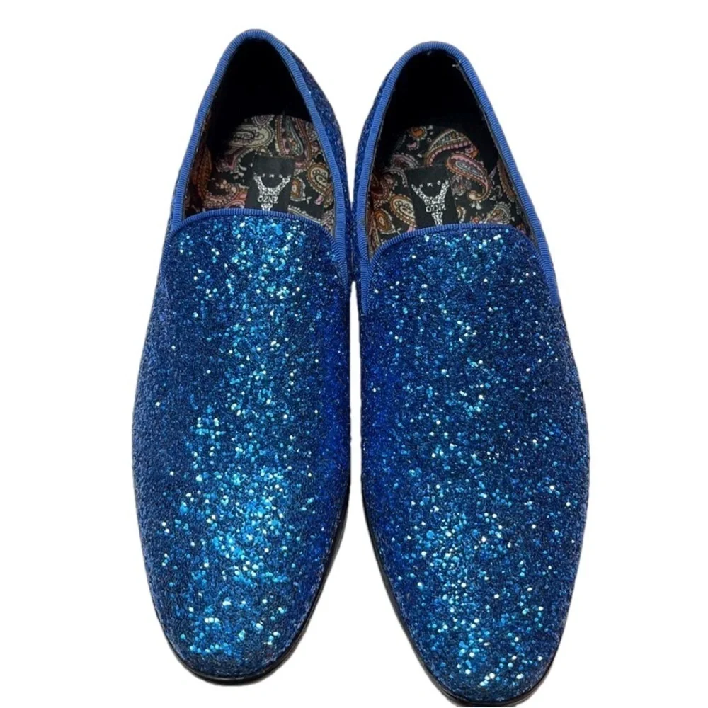 Enzo Romeo Men's Blue Glitter Slip On Tuxedo Dress Loafers Shoes